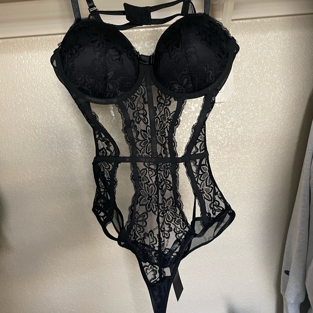 Black lace one piece thong lingerie